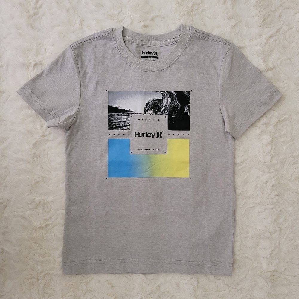 Hurley Boy Gray Blue/Yellow Print Short Sleeve Tee Size 6/7 NWOT